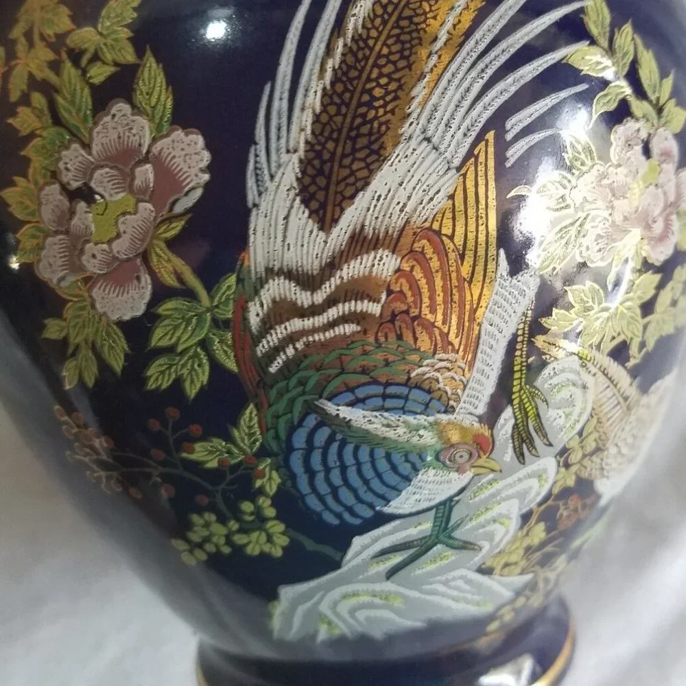 VTG JAPAN Cobalt Blue & Gold Pheasant Porcelain Ginger Jar Vase 6